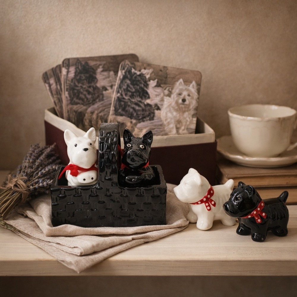 VTG Scottish Terrier Scottie Dog Set Salt Pepper Shakers Coasters Japan Scotland - Picture 2 of 16